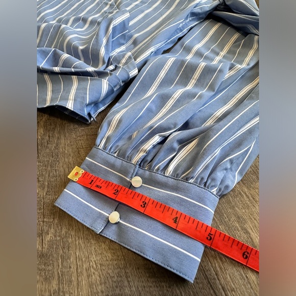 Theory Quincy Striped Faux Wrap Long-Sleeve Top - Blue & White Striped - Large - Picture 9 of 17